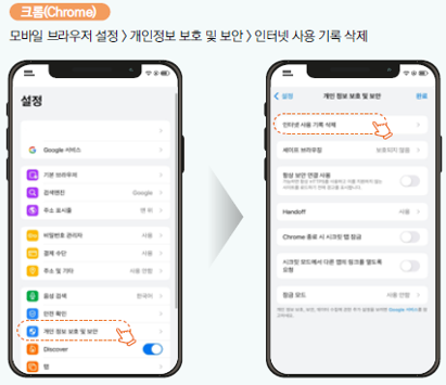 크롬 : 모바일 브라우저 설정 > 개인정보 보호 및 보안 > 인터넷 사용 기록 삭제