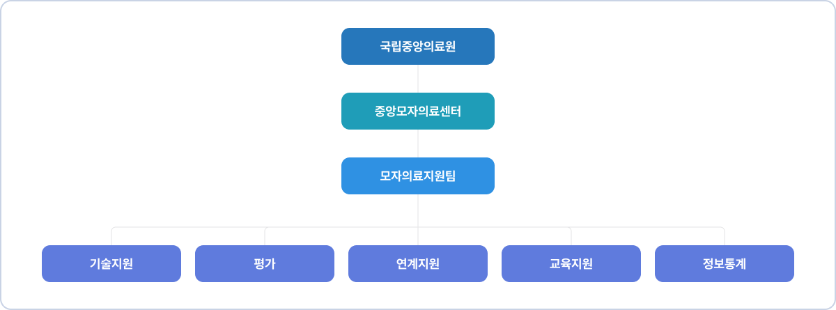 조직도는 다음과 같습니다. 국립중앙의료원 아래에 중앙모자의료센터가 있고, 그 아래에 모자의료지원팀이 존재합니다. 모자의료지원팀에서는 기술지원, 평가, 연계지원, 교육지원, 정보통계로 나뉘어 지원하고 있습니다.